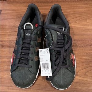 Adidas dark olive green, brown and orange Superstar Shoes